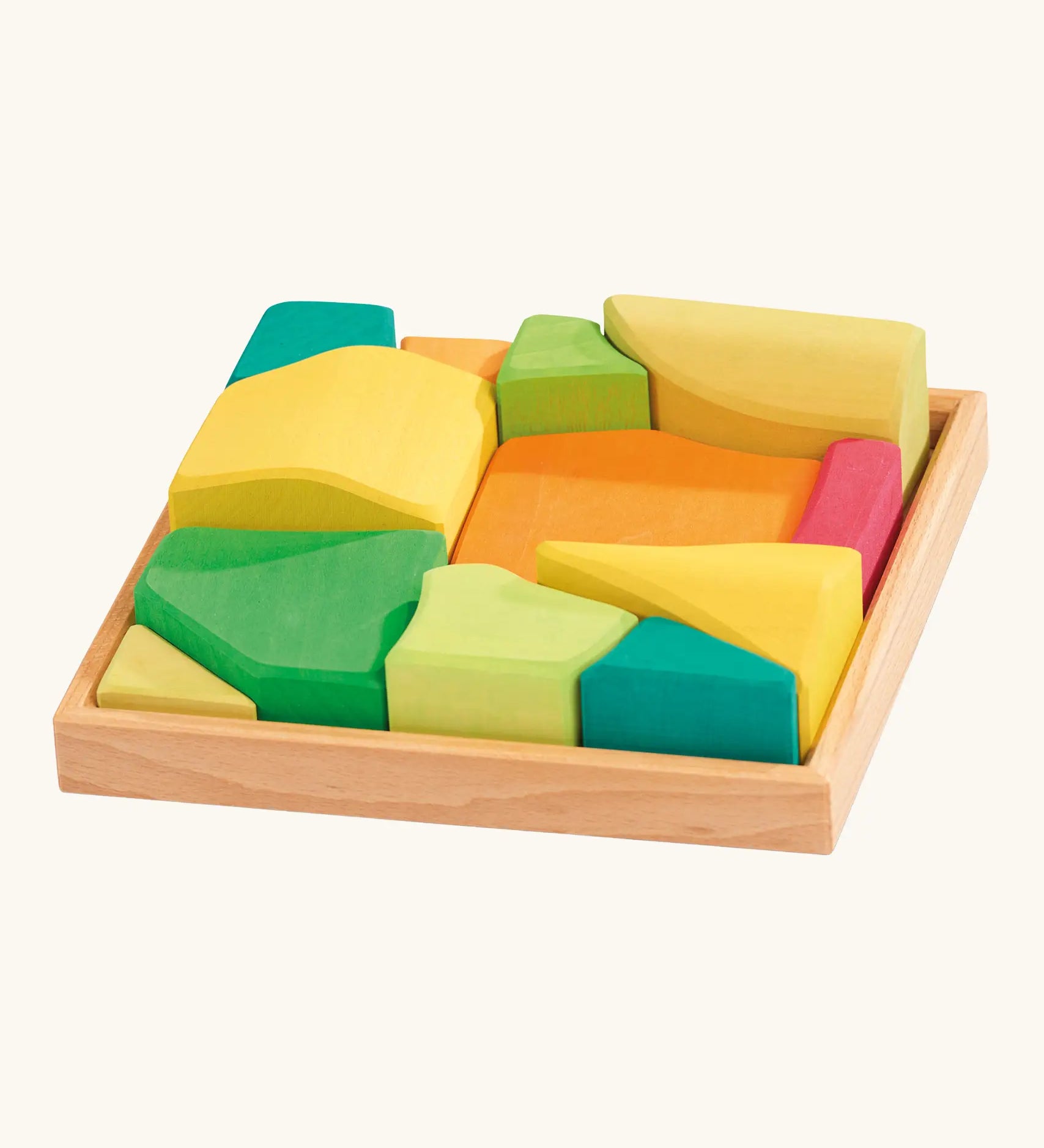 Glückskäfer Summer wooden play blocks. 11 colourful blocks in a wooden storage tray.