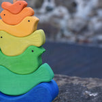 A close up of the detailing on teh tails of teh birds from the Glückskäfer Bird Stacker.