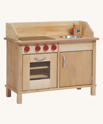 The wooden play kitchen base by Gluckskafer, made from FSC wood with a stove, oven, and sink play area.