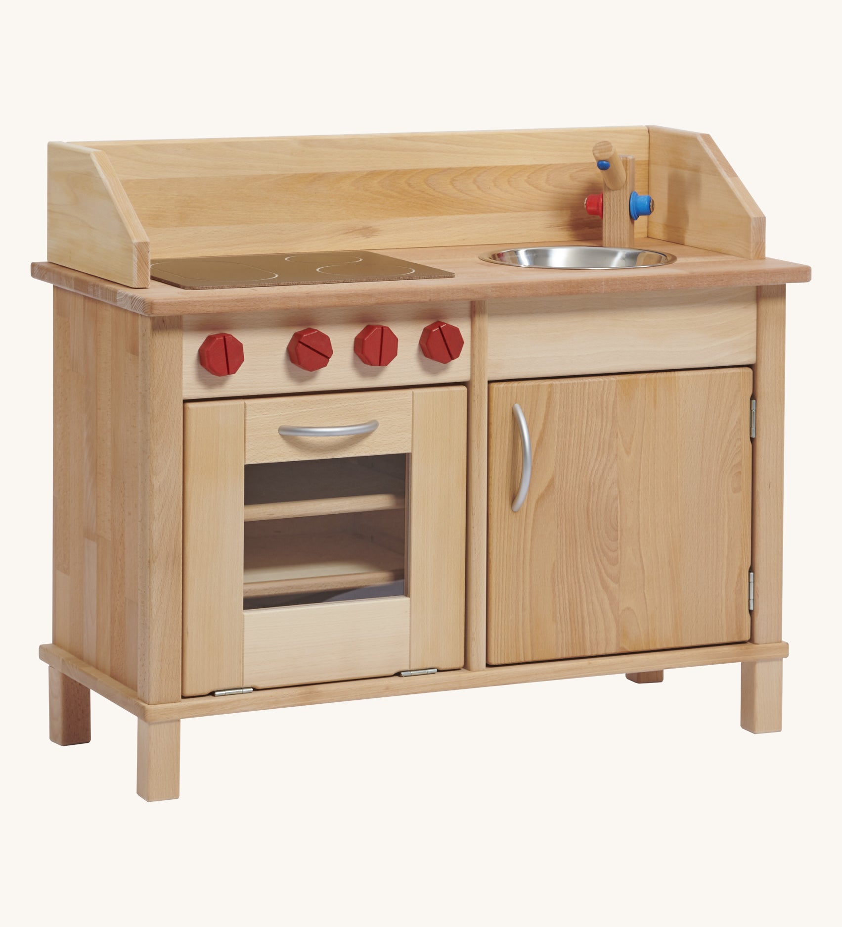 The wooden play kitchen base by Gluckskafer, made from FSC wood with a stove, oven, and sink play area.