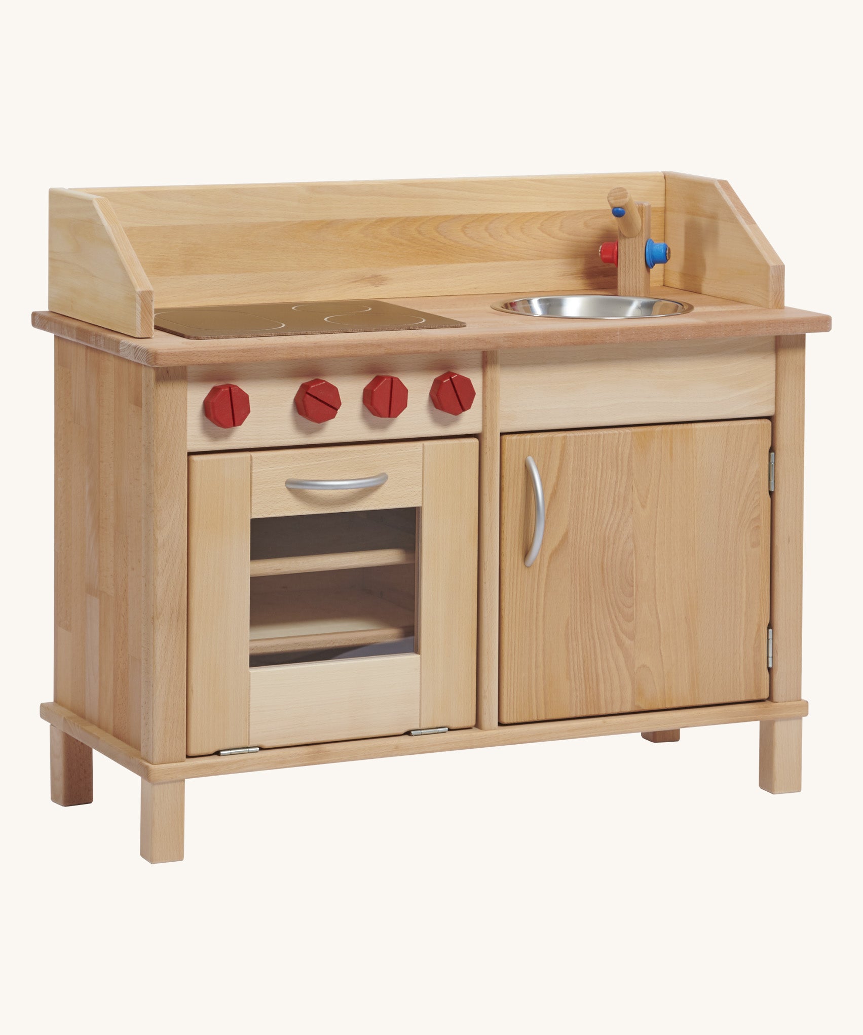 The wooden play kitchen base by Gluckskafer, made from FSC wood with a stove, oven, and sink play area.