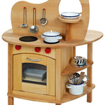 A close up of the Gluckskafer toy low cooking pot on the hob of the Gluckskafer kitchen island