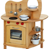 A close up of the Gluckskafer toy low cooking pot on the hob of the Gluckskafer kitchen island