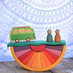 The Glückskäfer Yellow Sunray Arch in a simple small world play scene with the Lanka Kade camper van and Grapat Nins.