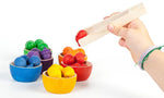 and other natural loose parts and a set of wooden tweezers. White background.