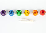 Grapat Wooden Toy Bowls & Acorns Set - 6 rainbow coloured small wooden bowls each with 6 coloured acorns and a set of wooden tweezers. White background.