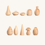 Grapat 120 Natural Wooden Mandala Pieces in a cotton bag. A mix of 10 different shapes in a natural wood. There are 12 of each shape supplied. These wooden loose part toys are part of a wide range of open ended toys available at Babipur. 