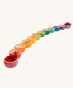 The Grapat 12 Rainbow Wooden Sorting Bowls all lined up and filled with loose parts and natural bits in matching colours. These Grapat bowls are part of a big range of open ended wooden toys available at Babipur.  