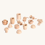 Grapat 20 Element Treasure Basket. A mix of wooden toys for little hands to explore. These wooden toys are part of a wide range of open ended toys available at Babipur.  