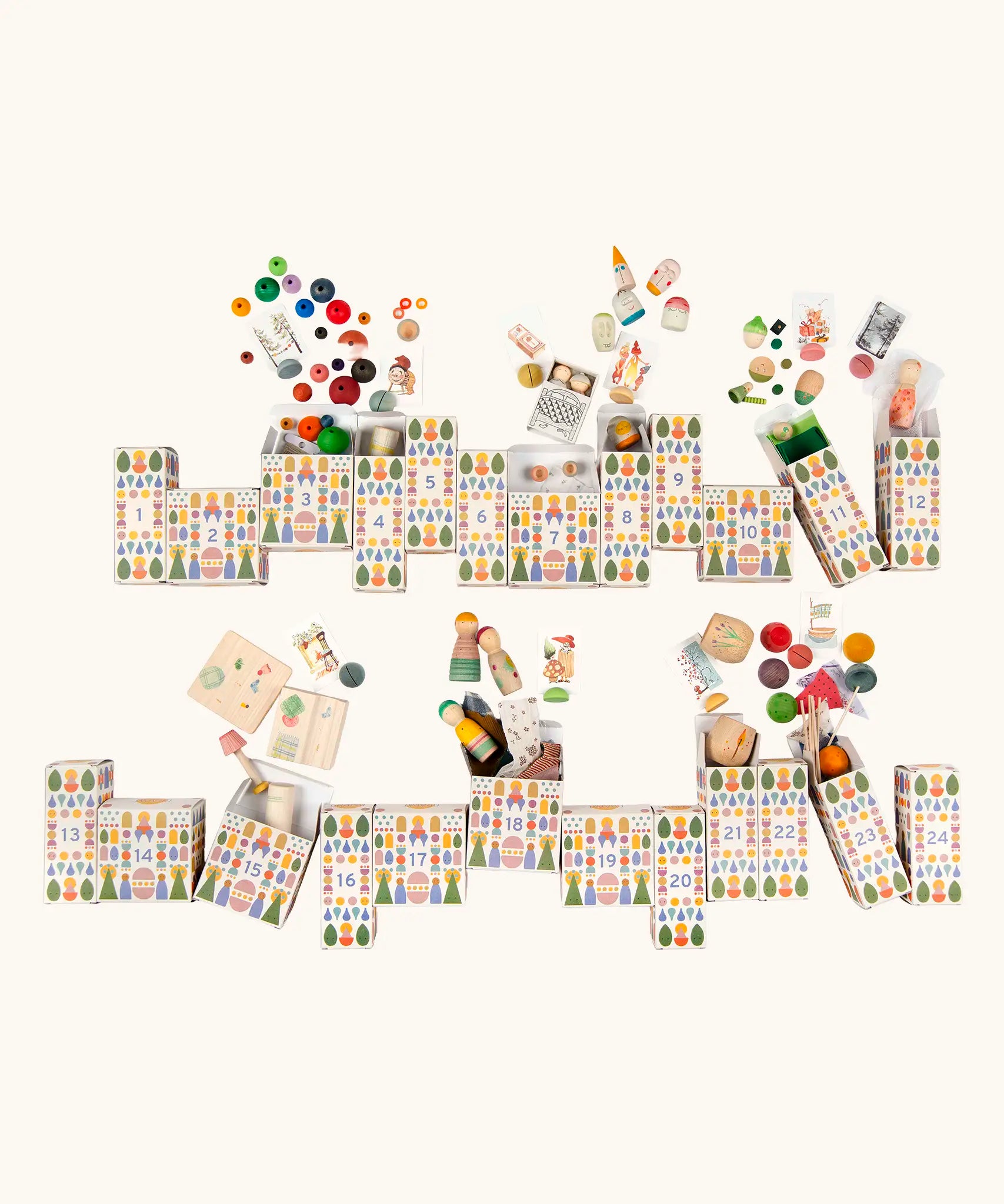 Grapat 2026 advent calendar available at Babipur. 24 white patterned boxes filled with various wooden toys, craft kits and gifts. 