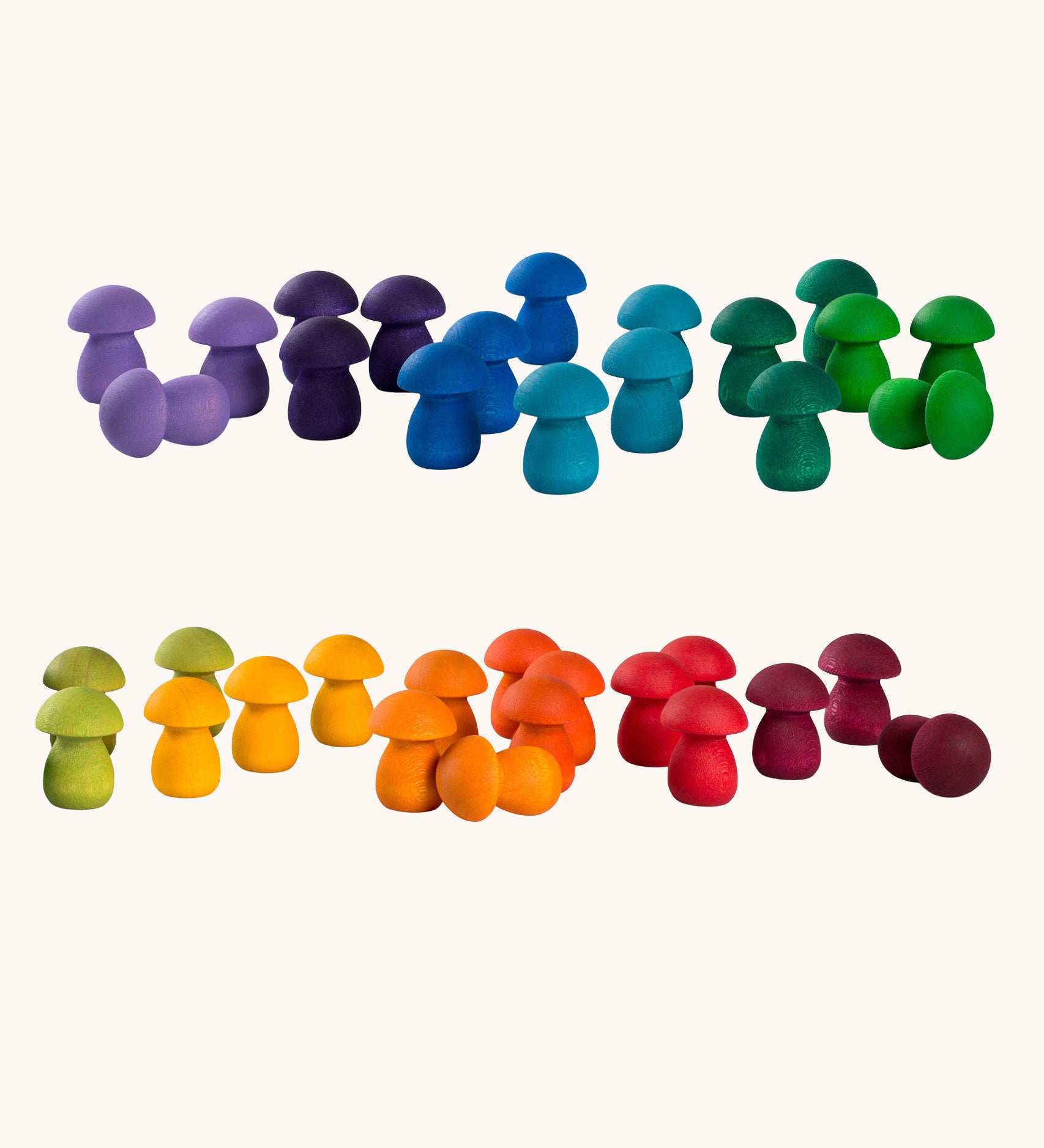 Grapat 36x Mandala Rainbow Mushrooms. This set of rainbow coloured mandala pieces are perfect for scenery in small world play as well as making mandalas. These wooden toys are part of a wide range of open ended toys available at Babipur.  