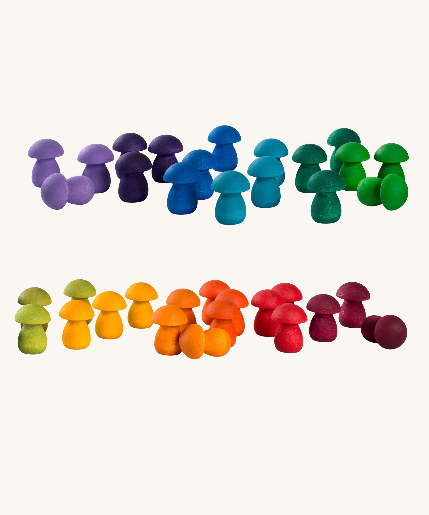Grapat 36x Mandala Rainbow Mushrooms. This set of rainbow coloured mandala pieces are perfect for scenery in small world play as well as making mandalas. These wooden toys are part of a wide range of open ended toys available at Babipur.  