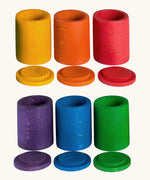 A set of 6 Grapat handcrafted wooden cups in rainbow colours with matching lids.