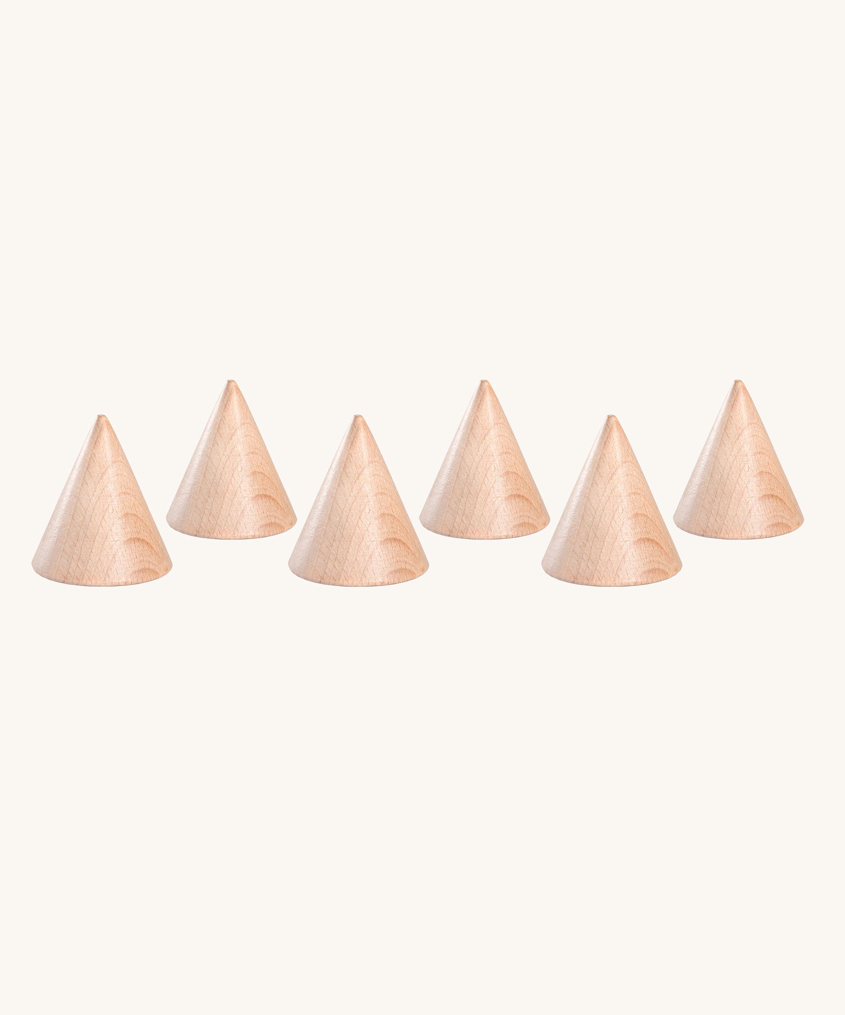 Grapat Loose Parts set of 6 Natural Wooden Cones. These wooden toys are part of a wide range of open ended toys available at Babipur.