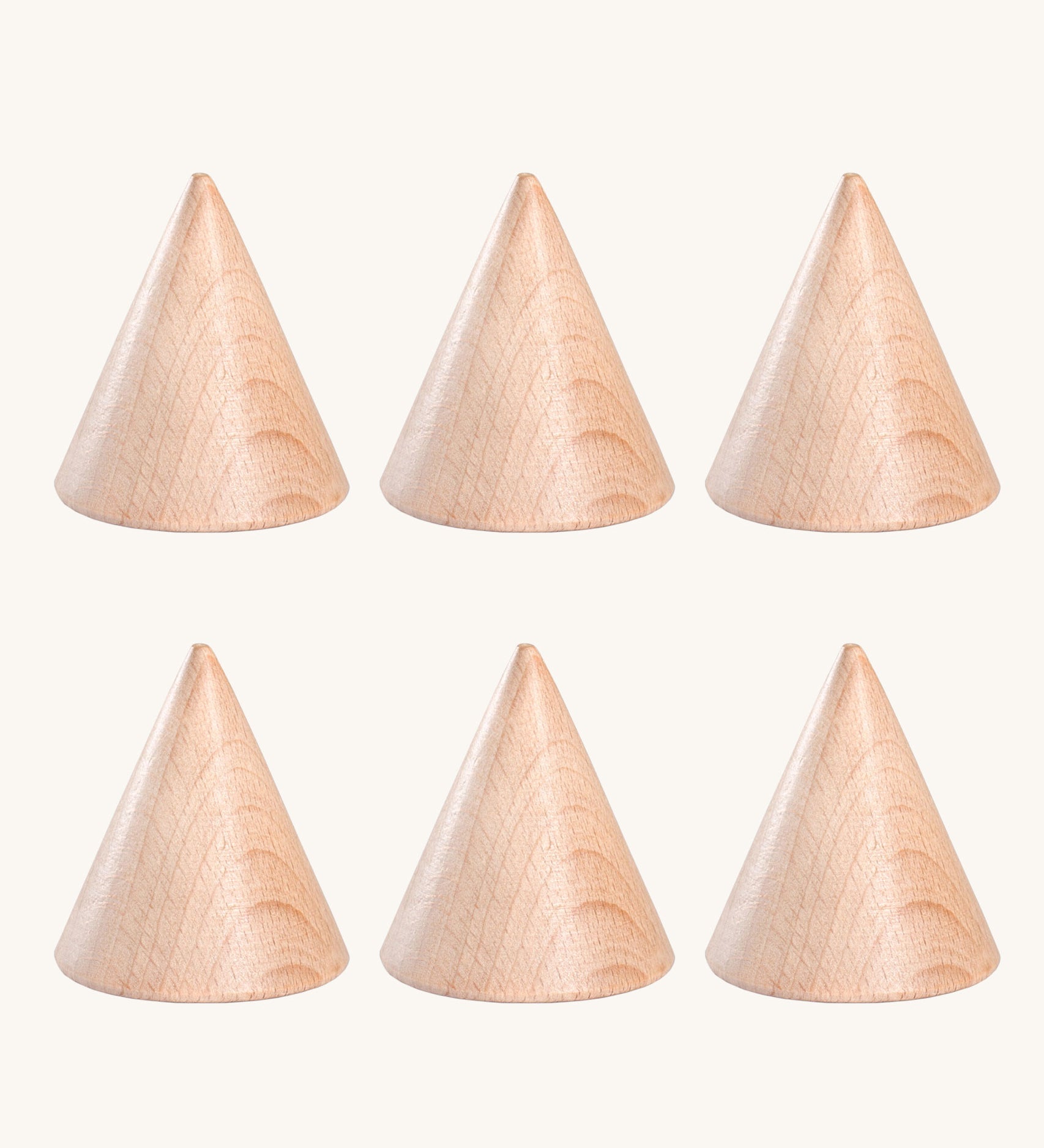 Grapat Loose Parts set of 6 Natural Wooden Cones. These wooden toys are part of a wide range of open ended toys available at Babipur.