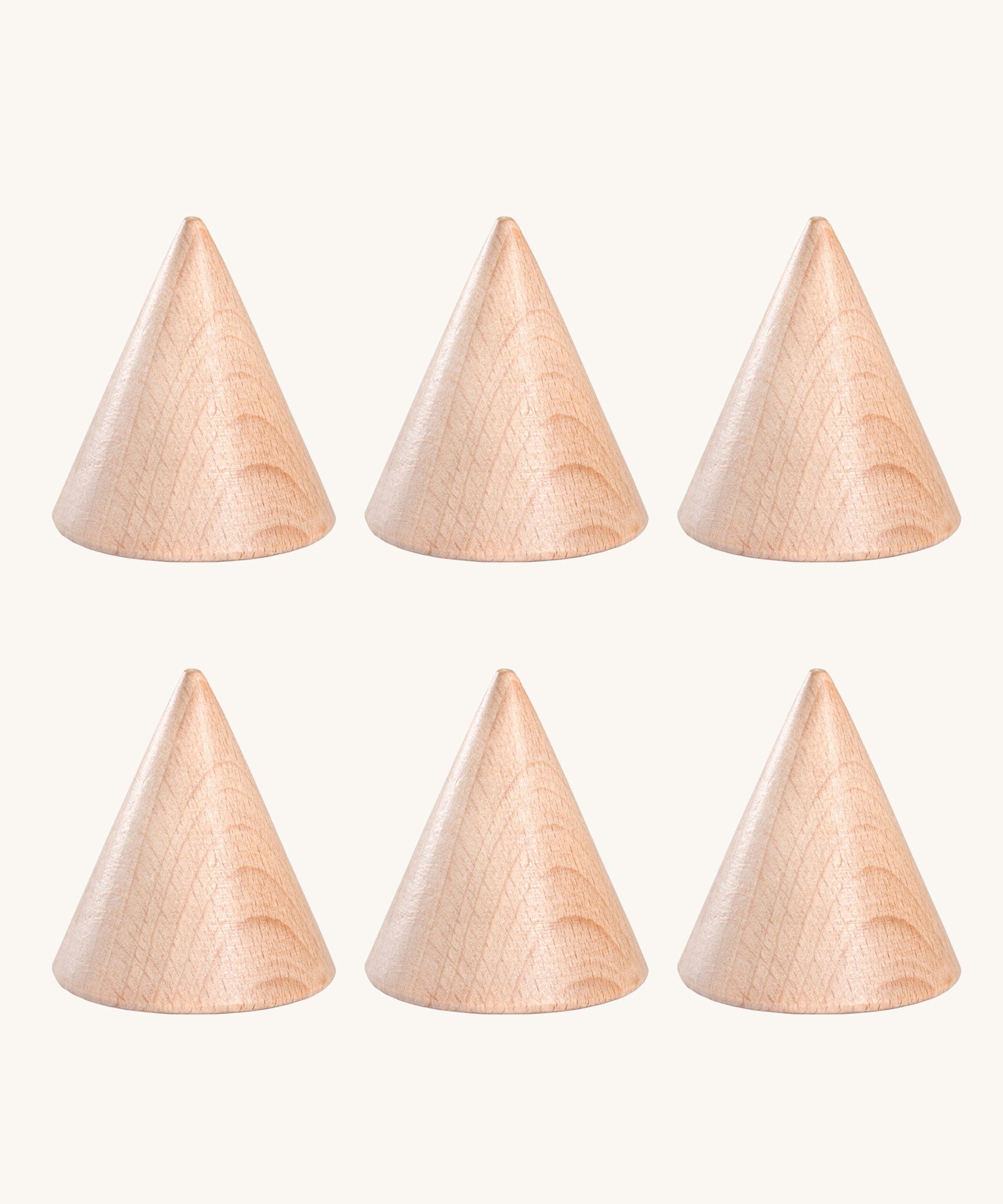 Grapat Loose Parts set of 6 Natural Wooden Cones. These wooden toys are part of a wide range of open ended toys available at Babipur.