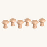 A set of 6 Grapat natural wooden mushroom loose parts. These wooden toys are part of a wide range of open ended toys available at Babipur.