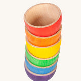 Grapat 6 Rainbow Sorting Bowls stacked up. These wooden bowls are part of a wide range of loose parts and wooden toys available here at Babipur. 