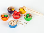Grapat Wooden Toy Bowls & Acorns Set - 6 rainbow coloured small wooden bowls each with coloured acorns