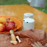 A decorative outdoor picnic setting with wooden apple peg dolls from the 4th edition Grapat lucky lucky box 