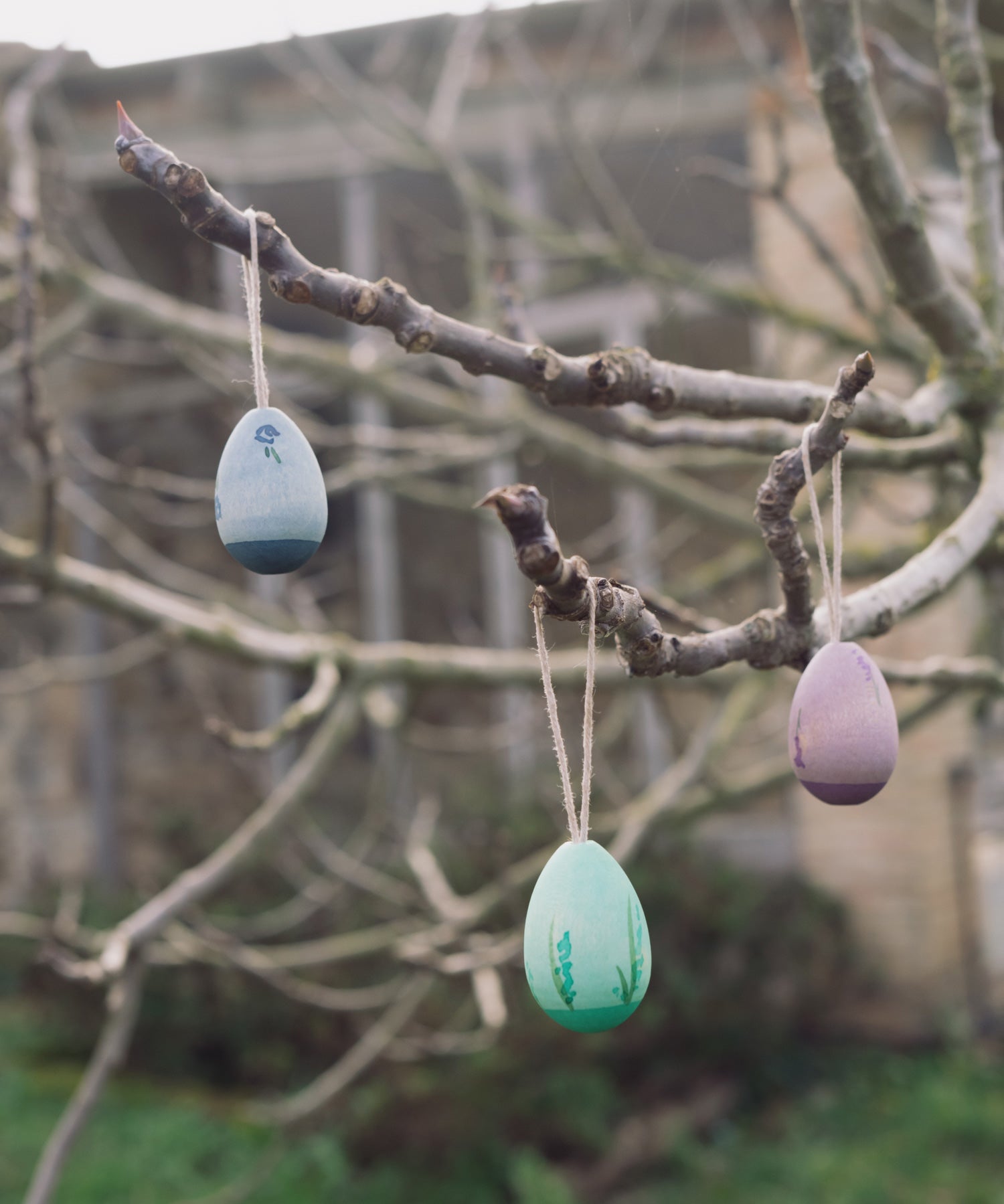 The Grapat Handmade Wooden Aurora Eggs Cold Colours Easter Decorations hung from tree branches outdoors.