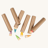Grapat Baby Sticks. 6 wooden figures with coloured hats painted on and 6 cardboard tubes to slot them into. Grapat have a wide range of wooden toys and loose parts available at Babipur. 