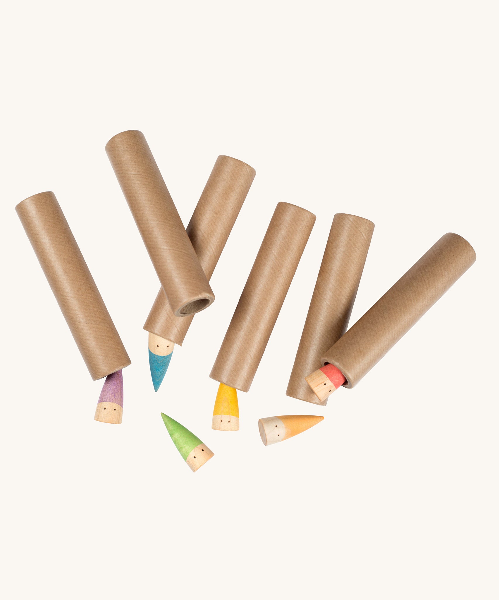 Grapat Baby Sticks. 6 wooden figures with coloured hats painted on and 6 cardboard tubes to slot them into. Grapat have a wide range of wooden toys and loose parts available at Babipur. 
