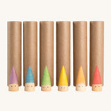 Grapat Baby Sticks. 6 wooden figures with coloured hats painted on and 6 cardboard tubes to slot them into. Grapat have a wide range of wooden toys and loose parts available at Babipur. 