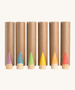 Grapat Baby Sticks. 6 wooden figures with coloured hats painted on and 6 cardboard tubes to slot them into. Grapat have a wide range of wooden toys and loose parts available at Babipur. 