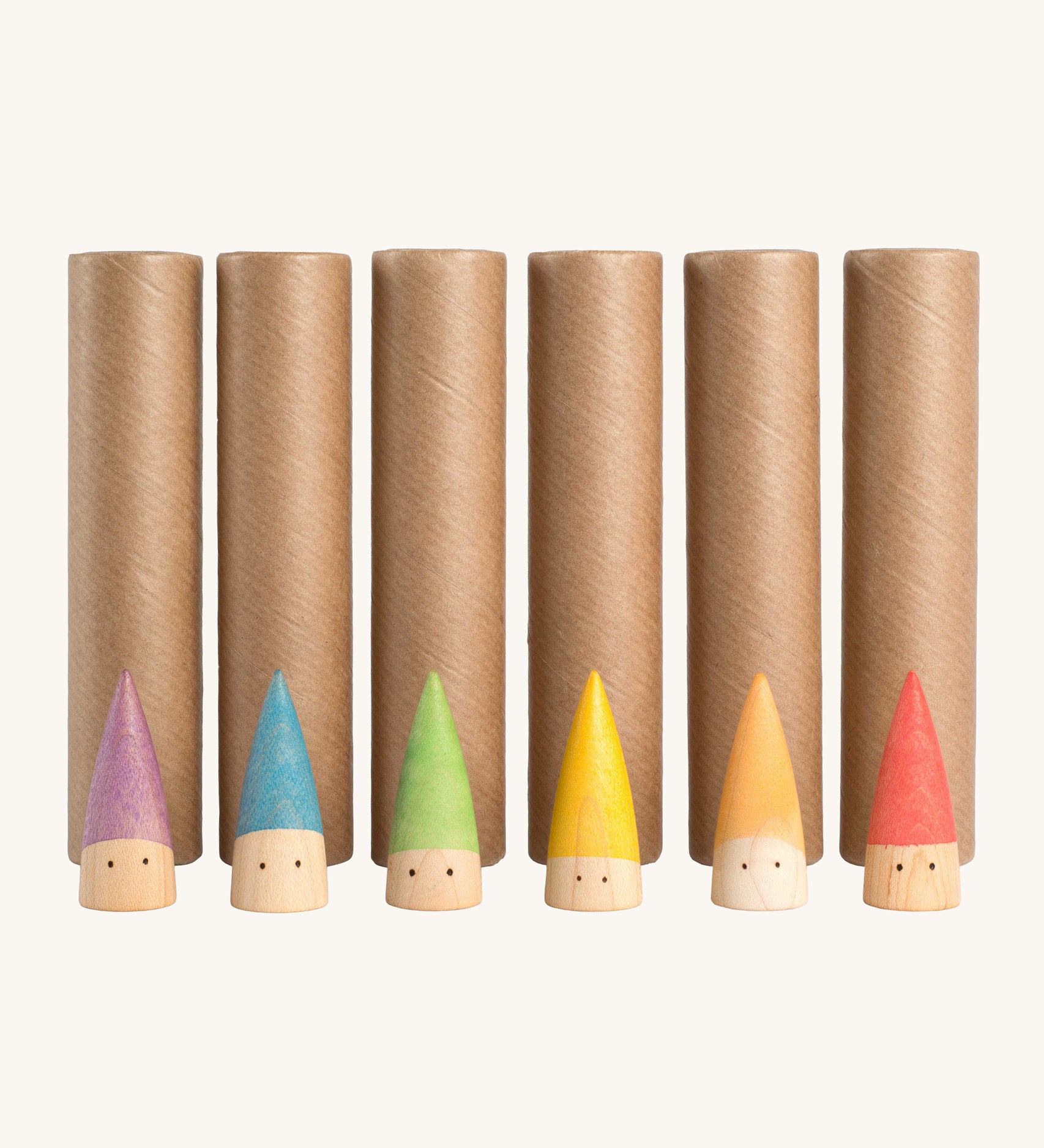 Grapat Baby Sticks. 6 wooden figures with coloured hats painted on and 6 cardboard tubes to slot them into. Grapat have a wide range of wooden toys and loose parts available at Babipur. 