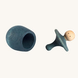 Grapat blue Little Things. A wooden top with eyes drawn on and a blue coloured pot to match. Grapat have a wide range of wooden toys and loose parts available at Babipur. 