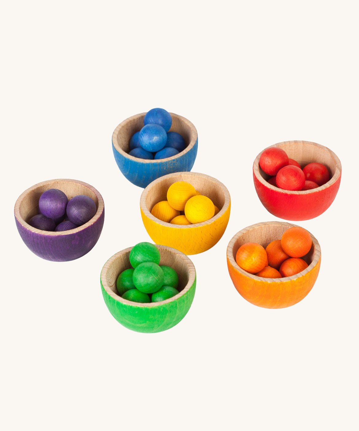 Grapat Wooden Toy Bowls and Marbles Set. A set of 6 coloured bowls with marbles in matching colours. These wooden toys are part of a wide range of open ended toys available at Babipur.  