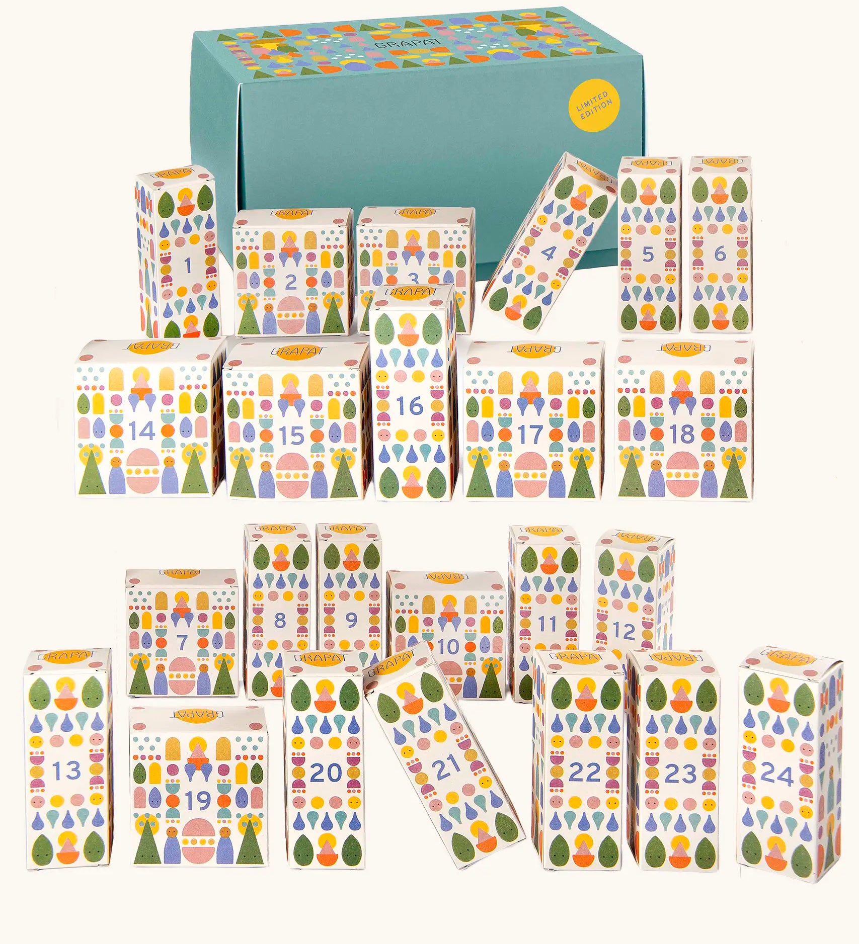 Grapat 2026 advent calendar available at Babipur. A large green box with 24 white patterned boxes filled with various wooden toys, craft kits and gifts. 