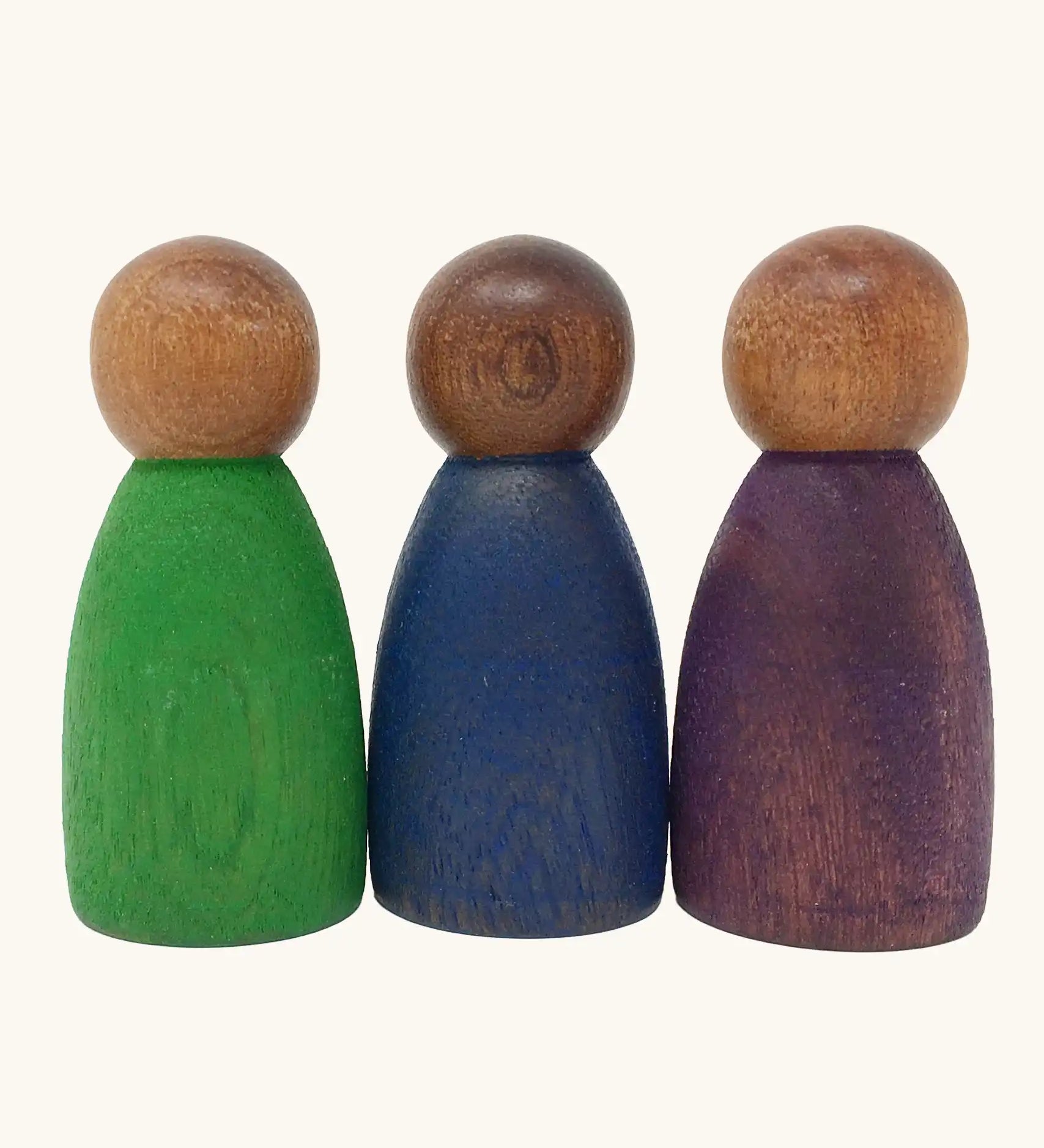 Grapat 3 Nins in dark wood with cold colour outfits wooden peg dolls. 