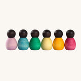 Grapat 6 Dark Baby Nins. A set of 6 small dark wooden baby Nin peg dolls. Grapat have a wide range of wooden toys and loose parts available at Babipur. 