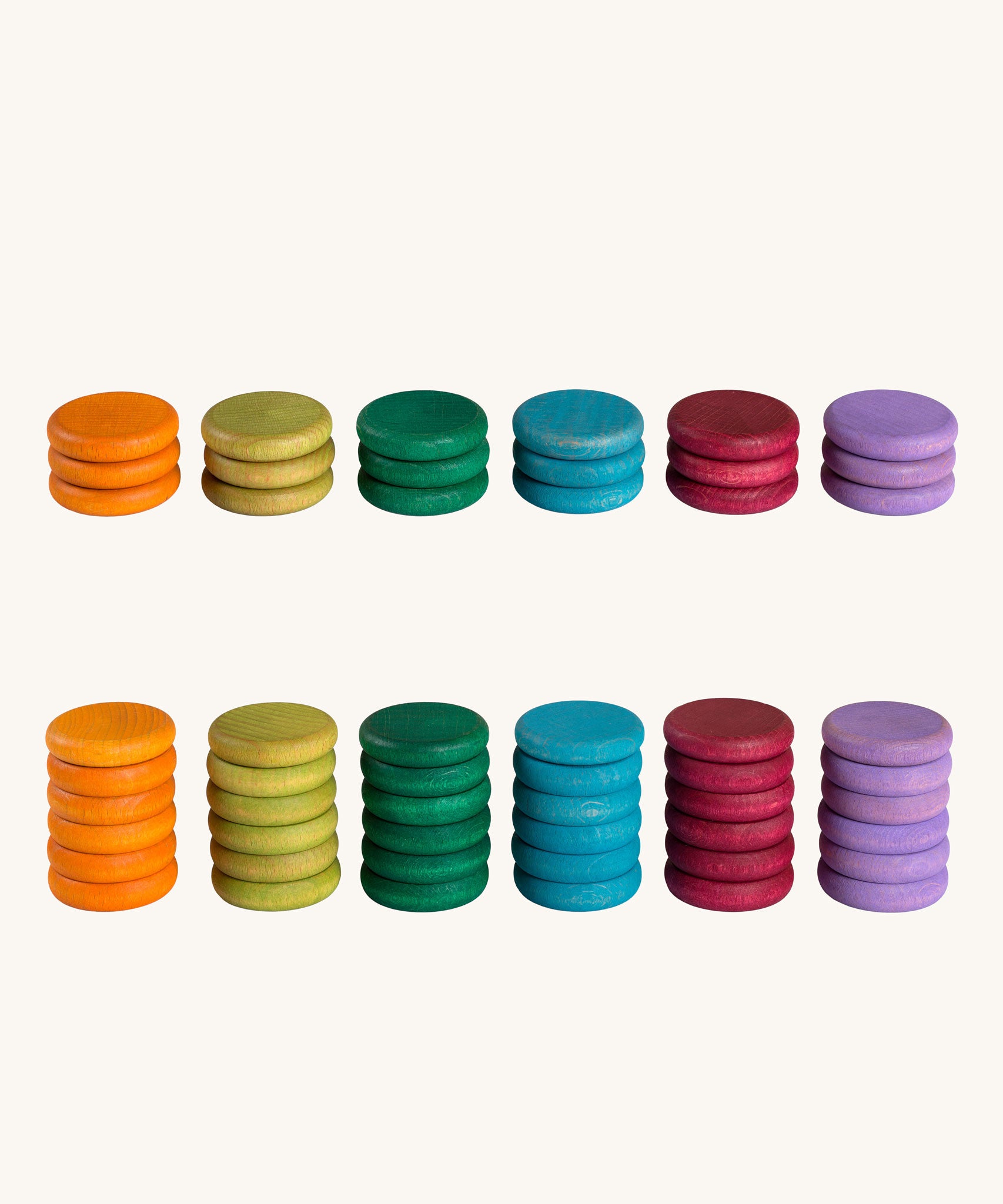 Grapat Loose Parts Earth Tone Coins 6 Colours, Available in a pack of 18 or 36. Grapat have a wide range of loose parts and wooden toys available at Babipur. 
