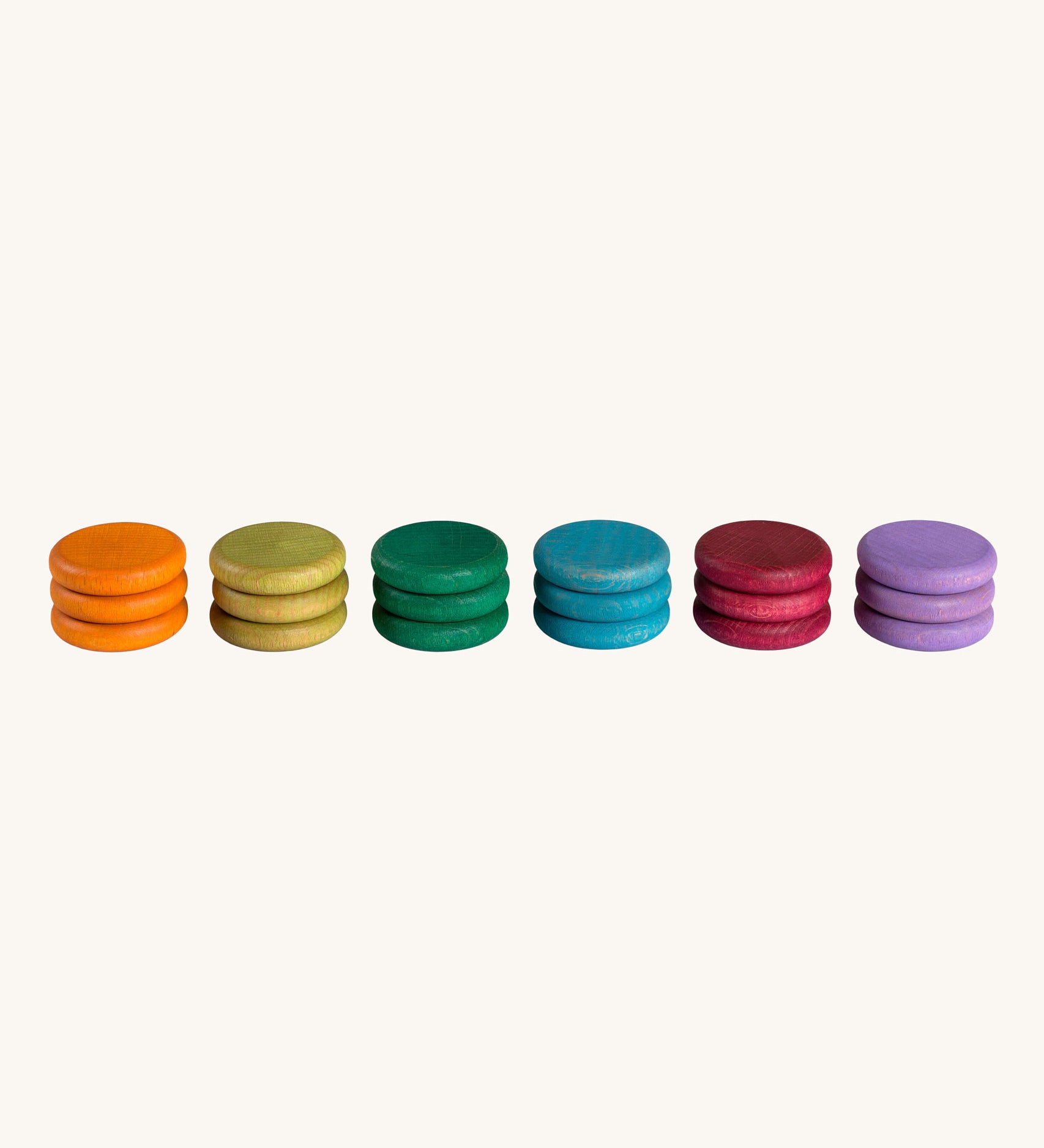 Grapat Loose Parts Earth Tone Coins 6 Colours in a pack of 18. Grapat have a wide range of loose parts and wooden toys available at Babipur. 