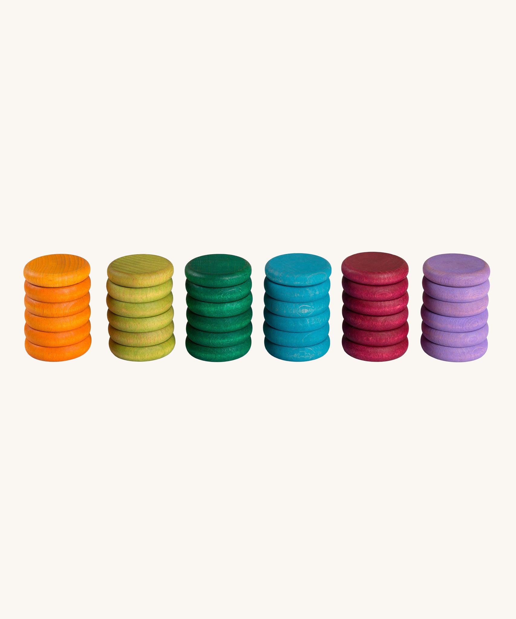 Grapat Loose Parts Earth Tone Coins 6 Colours in a pack of 36. Grapat have a wide range of loose parts and wooden toys available at Babipur. 