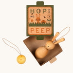 Grapat handmade Wooden Easter Decorations Hop bunny and Peep chick. The decorations are shown with their cardboard packaging box.
