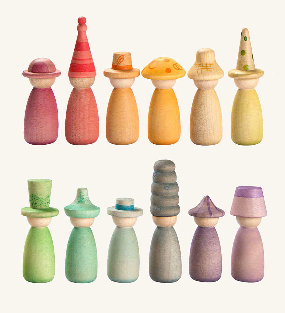 Grapat Fancy Nins Play Set. A set of 12 colourful wooden peg dolls with removable hats. 