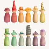 Grapat Fancy Nins Play Set. A set of 12 colourful wooden peg dolls with removable hats. 