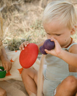 Children have filled the Grapat Wooden Rainbow Sorting Pots with sand and various items found on the beach