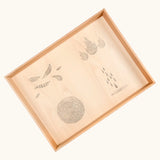Grapat handcrafted Free Play tray decorated with drawings representing natures elements on the base