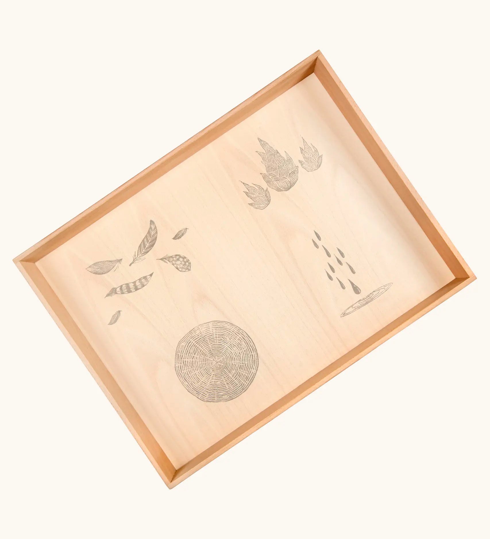 Grapat handcrafted Free Play tray decorated with drawings representing natures elements on the base