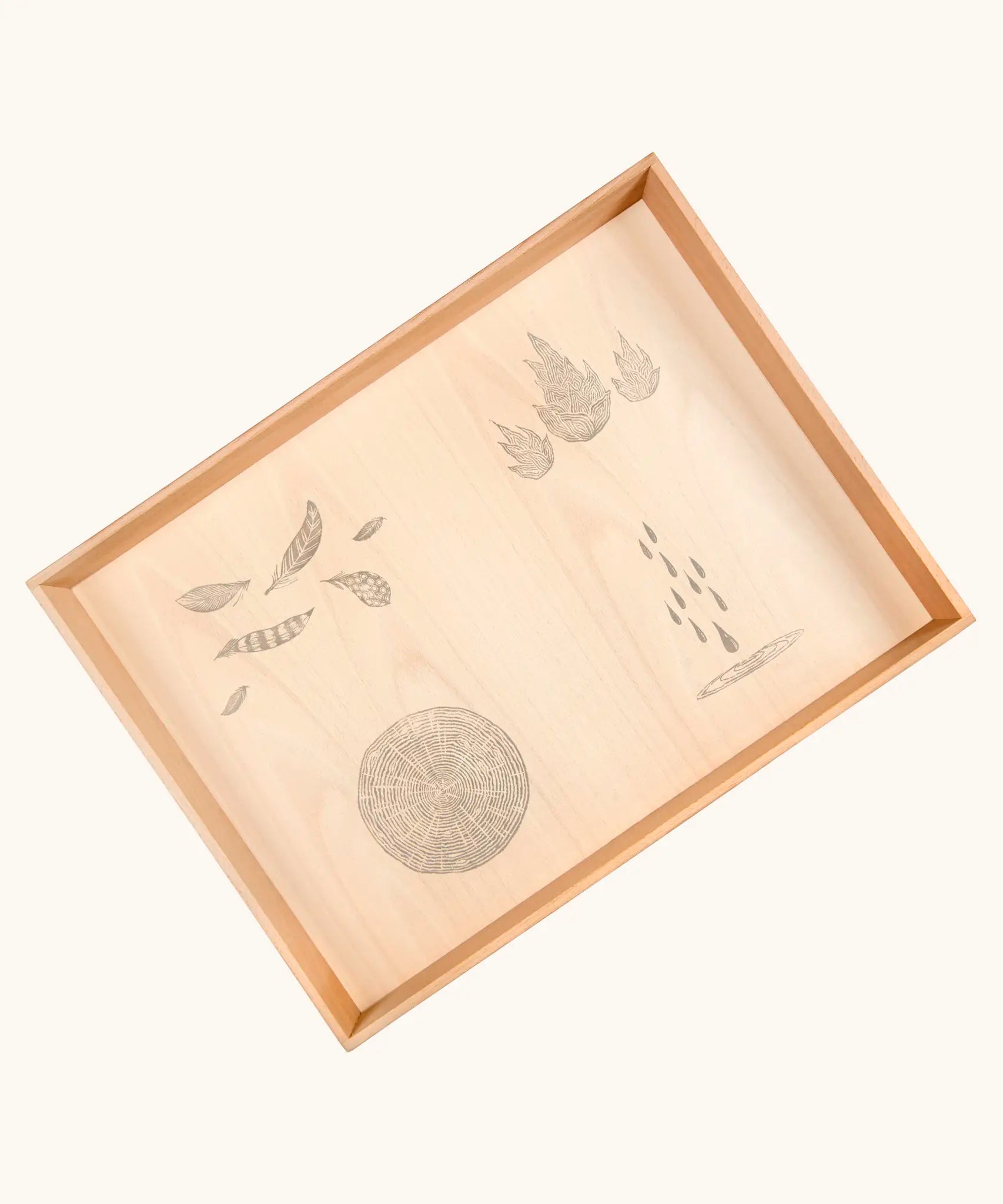 Grapat handcrafted Free Play tray decorated with drawings representing natures elements on the base