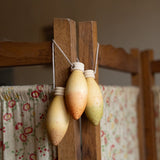 light purple, orange and green wooden Grapat glow lamps hanging on a wooden frame