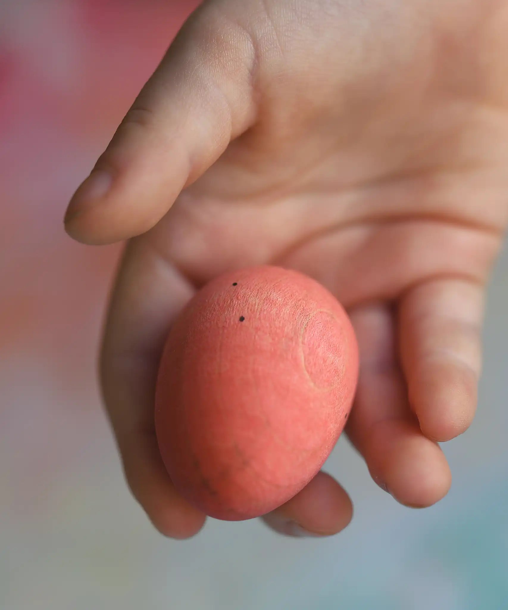 Red Grapat Happy Eggg wooden toy in a child's hand.