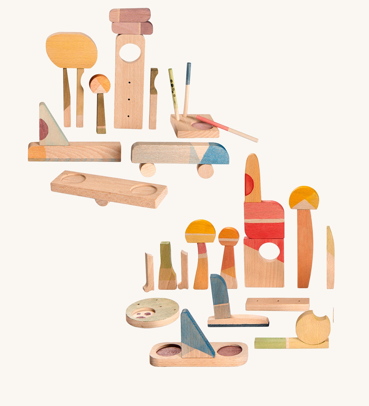 Grapat Happy Place Wooden Play Set. This set contains a mix of loose parts in different shapes and colours. These wooden loose part toys are part of a wide range of open ended toys available at Babipur. 