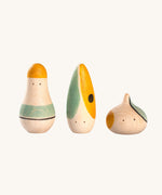 The Grapat Hooray! Set. A set of three wooden toy figures hand painted with green, yellow and black details.