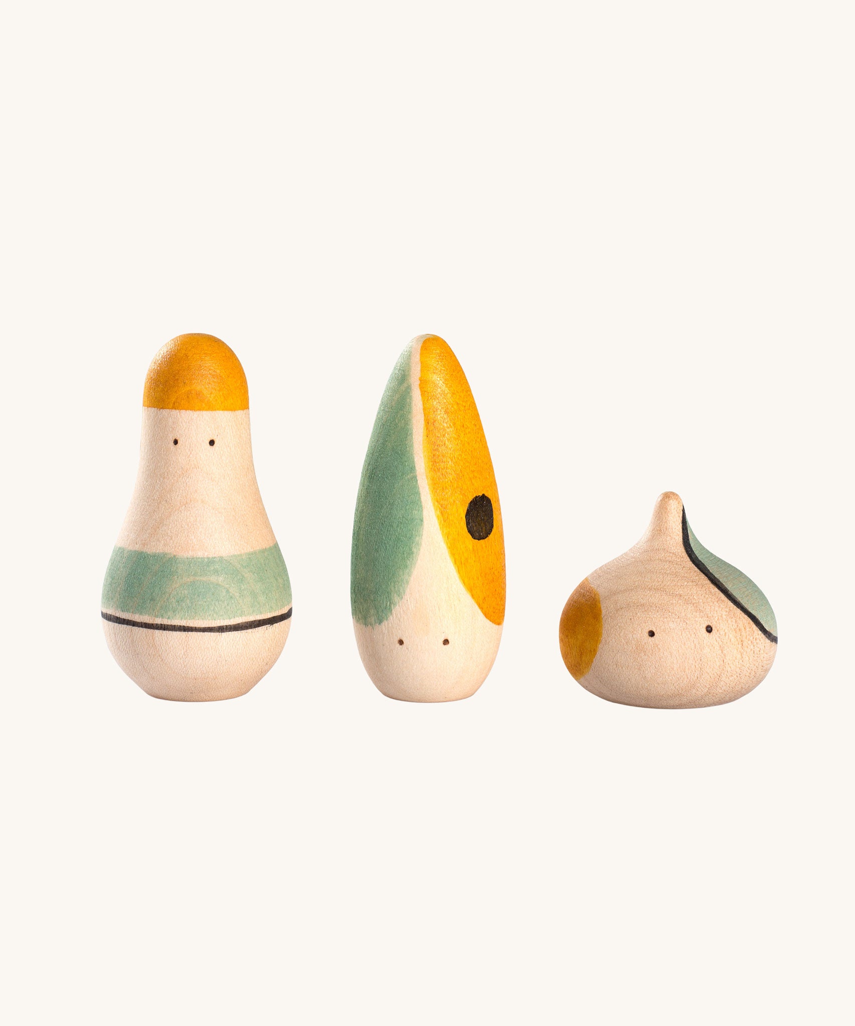 The Grapat Hooray! Set. A set of three wooden toy figures hand painted with green, yellow and black details.